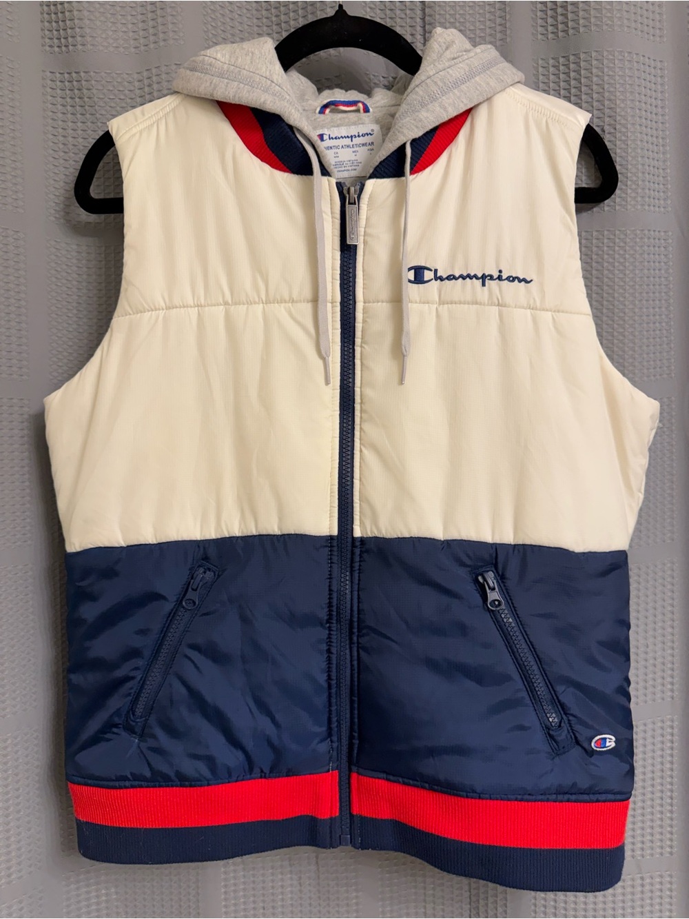 Champion Women’s Hooded Colorblock Puffer Vest - Cream, Navy & Red